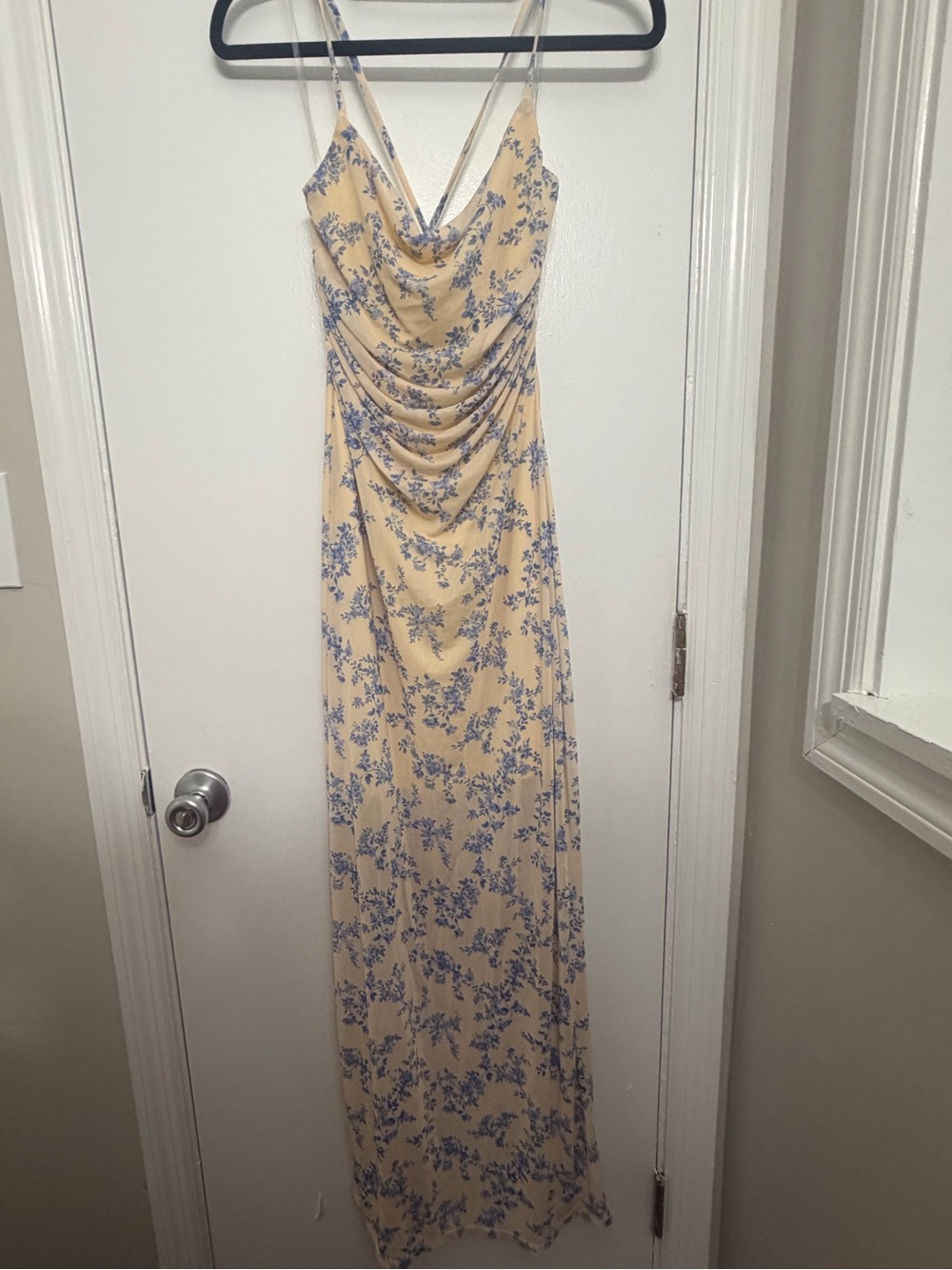 Persaya Cream Maxi Slip Dress with Blue Floral Print